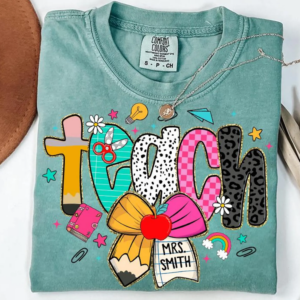 PREPPY TEACH PRINT WITH CUSTOM BOW